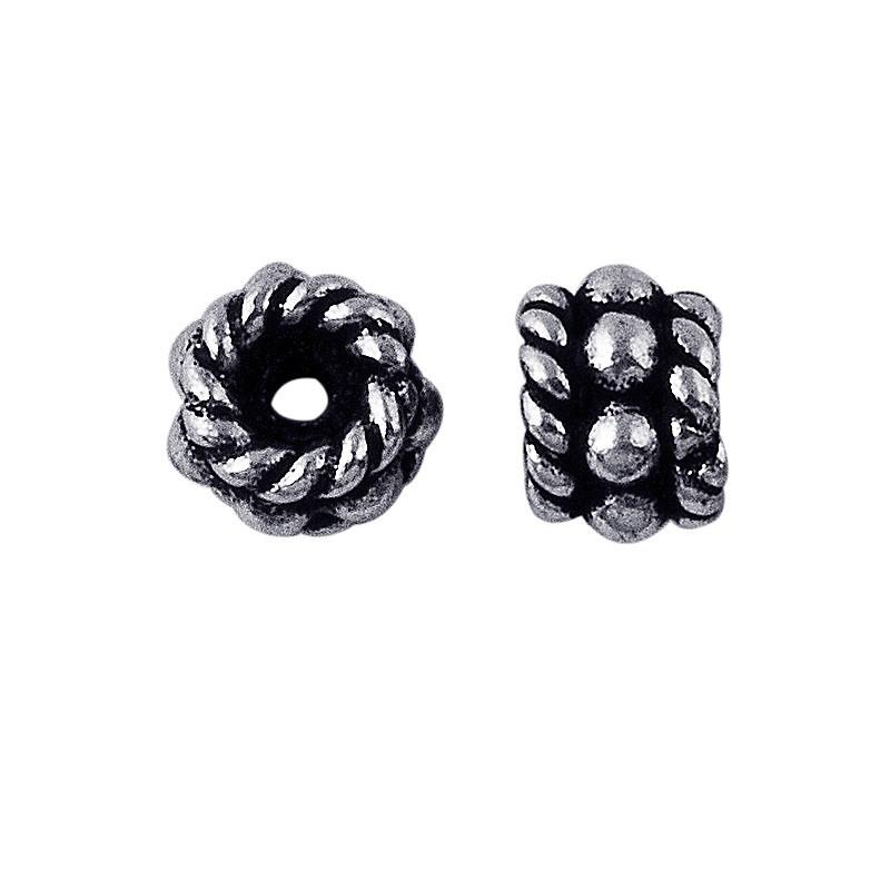 Silver Overlay Over Copper antique twisted rope style spacer jewelry component, handcrafted in India, shown in front and side view.