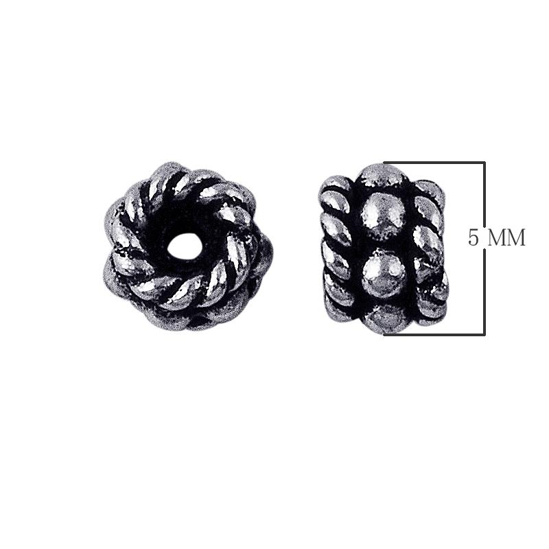 Silver Overlay Over Copper antique twisted rope style spacer jewelry component, handcrafted in India, shown in front and side view.