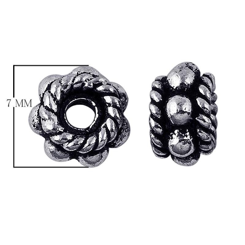 Silver Overlay Over Copper antique floral rope style spacer jewelry component, handcrafted in India, shown in front and side view.