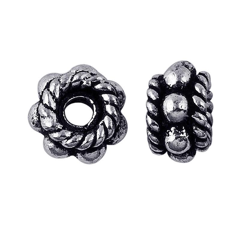 Silver Overlay Over Copper antique floral rope style spacer jewelry component, handcrafted in India, shown in front and side view.