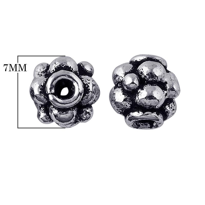 Silver Overlay Over Copper antique rounded floral bead spacer jewelry component, handcrafted in India, shown in front and side view.