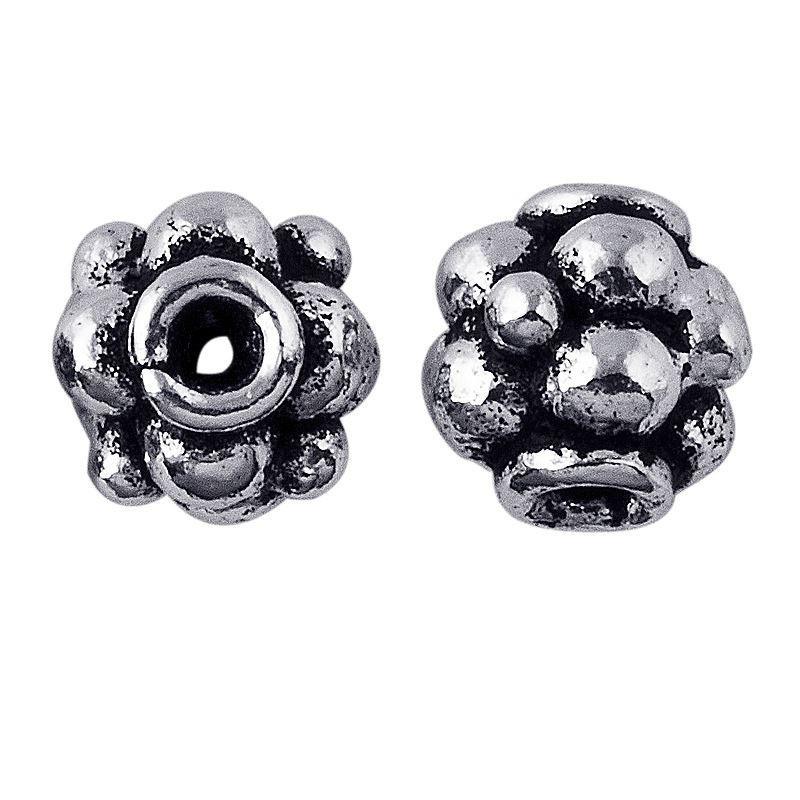 Silver Overlay Over Copper antique rounded floral bead spacer jewelry component, handcrafted in India, shown in front and side view.