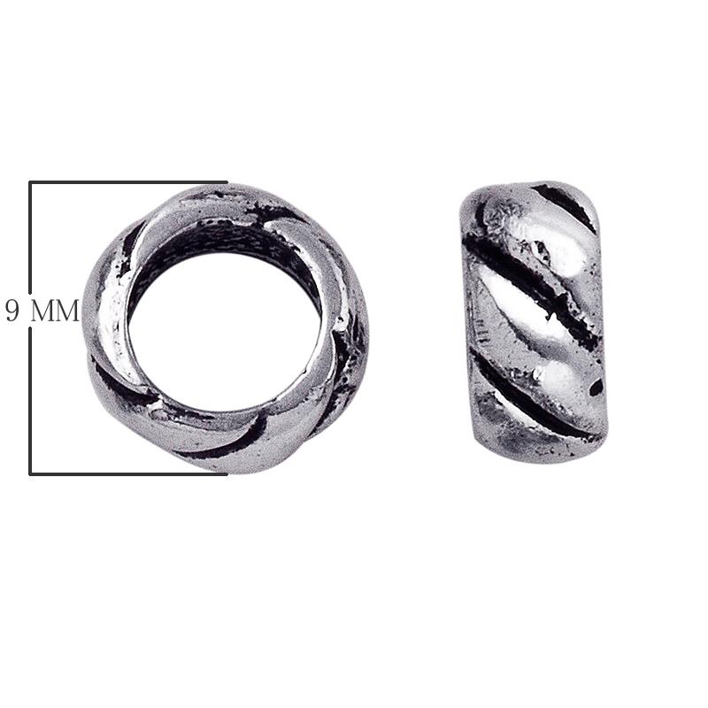 Silver Overlay Over Copper antique twisted swirl ring spacer jewelry component, handcrafted in India, shown in front and side view.