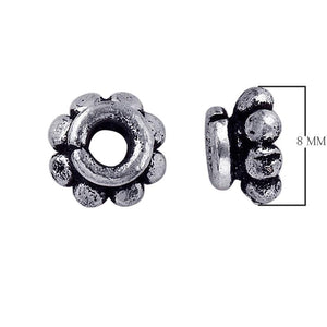 Silver Overlay Over Copper antique soft beaded floral spacer jewelry component, handcrafted in India, shown in front and side view.