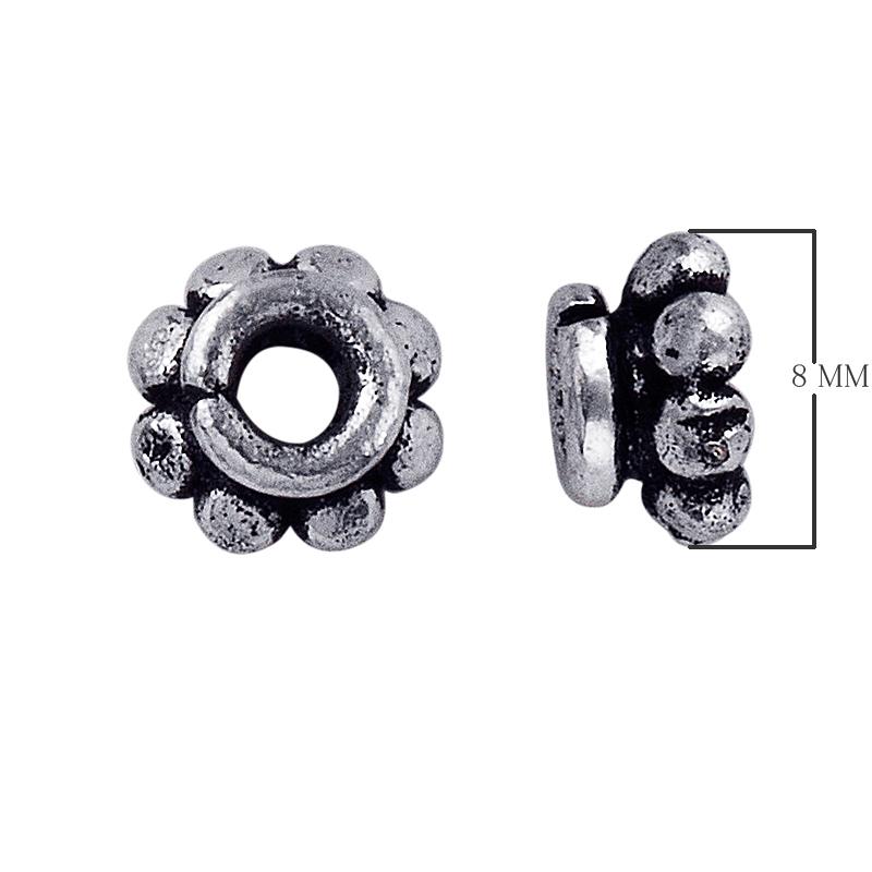 Silver Overlay Over Copper antique soft beaded floral spacer jewelry component, handcrafted in India, shown in front and side view.