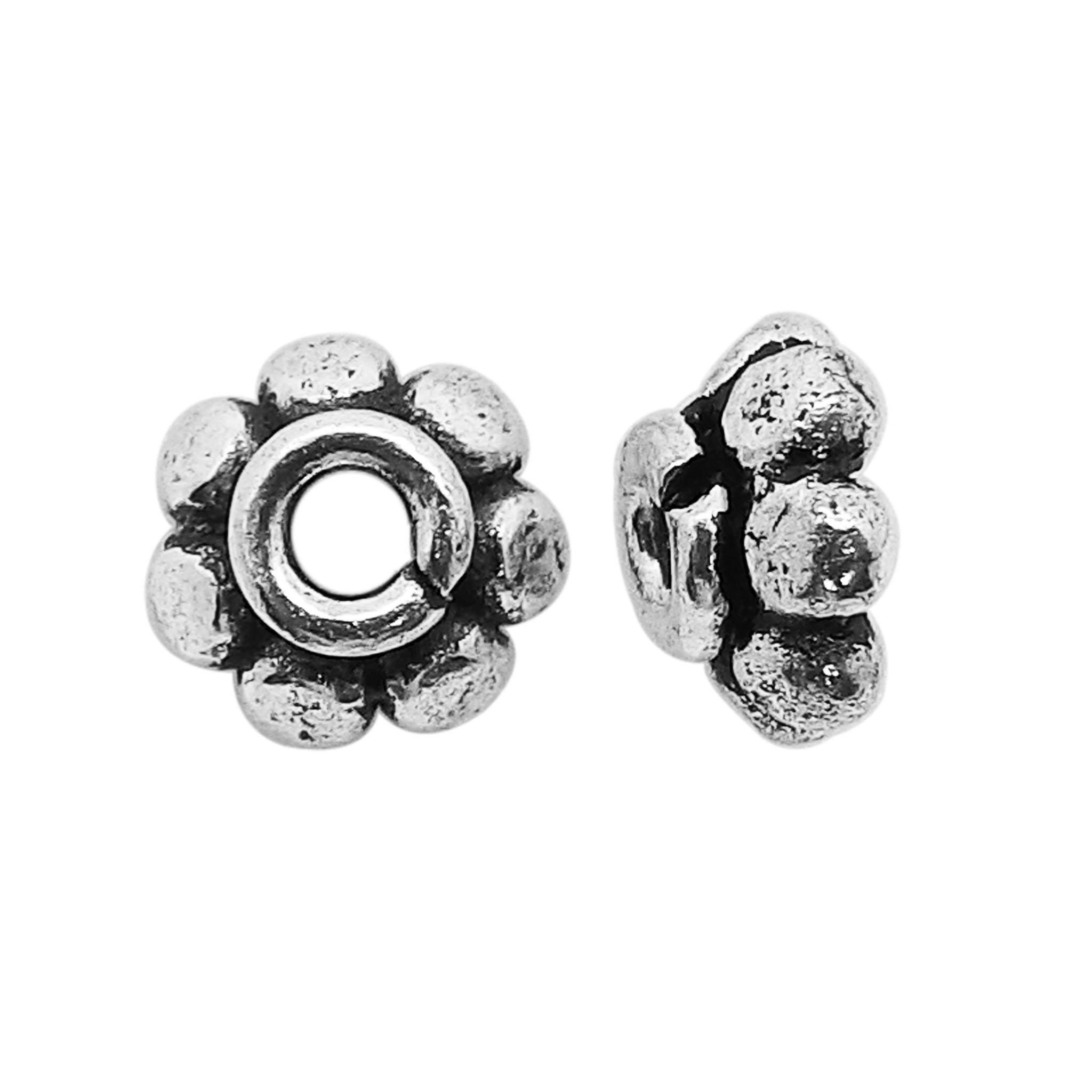 Silver Overlay Over Copper antique soft beaded floral spacer jewelry component, handcrafted in India, shown in front and side view.