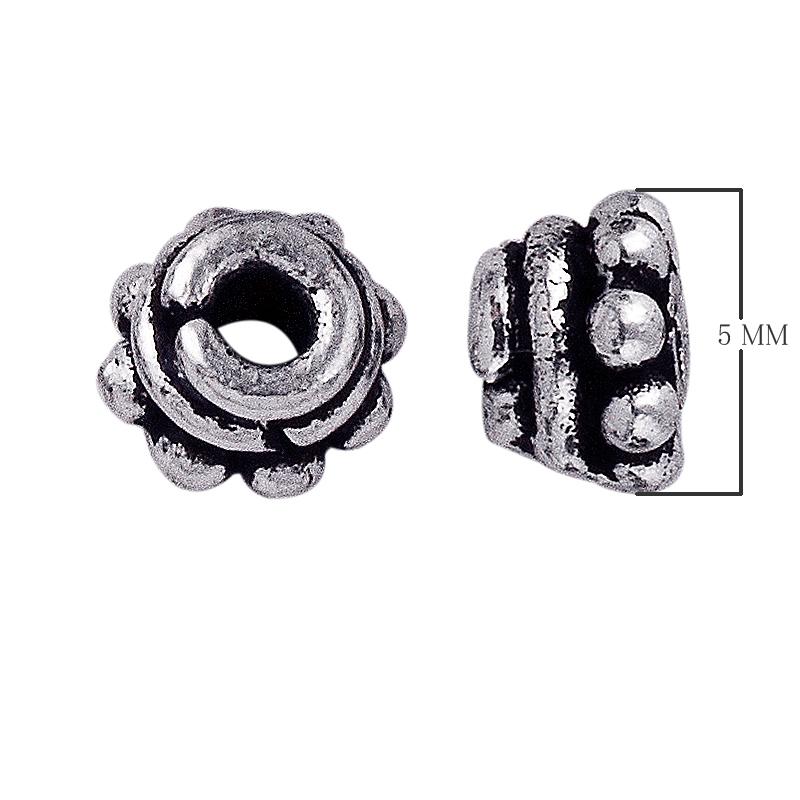 Silver Overlay Over Copper antique layered floral spacer jewelry component, handcrafted in India, shown in front and side view.