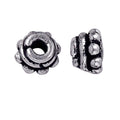 Silver Overlay Over Copper antique layered floral spacer jewelry component, handcrafted in India, shown in front and side view.
