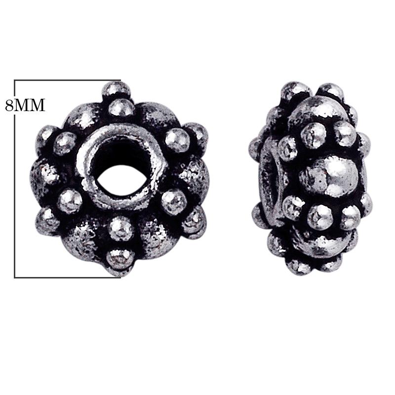 Silver Overlay Over Copper antique dense floral beaded spacer jewelry component, handcrafted in India, shown in front and side view.