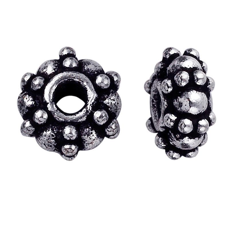 Silver Overlay Over Copper antique dense floral beaded spacer jewelry component, handcrafted in India, shown in front and side view.
