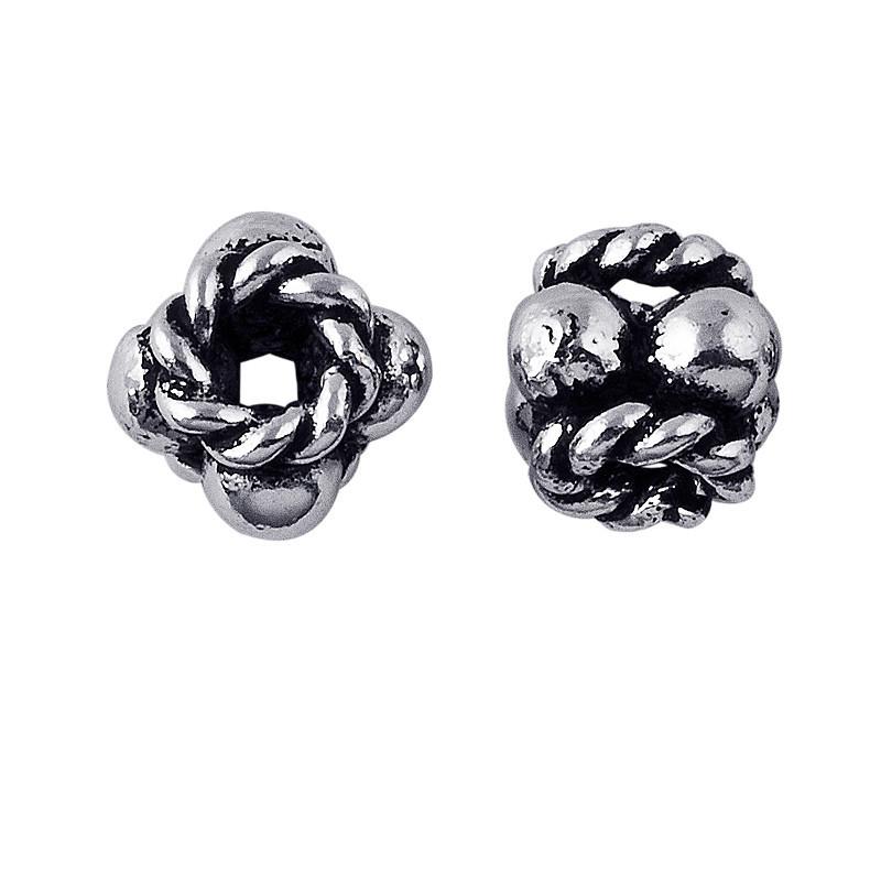 Silver Overlay Over Copper antique interwoven rope knot floral spacer jewelry component, handcrafted in India, shown in front and side view.
