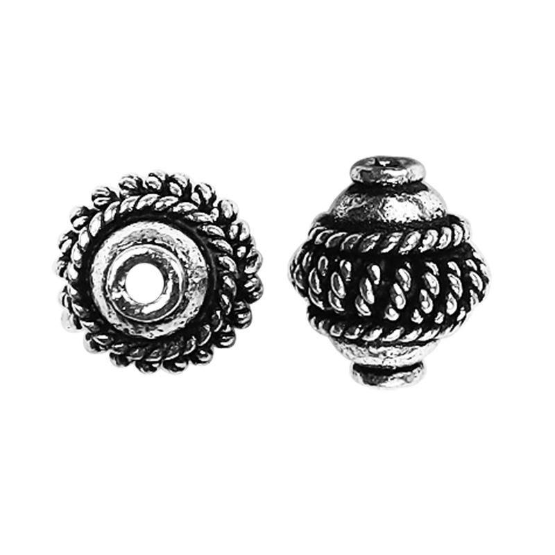 Handcrafted braided barrel bead made with Silver Overlay Over Copper, rope-textured center, artisan jewelry component from India.