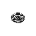 Handcrafted scroll dome spacer bead made with Silver Overlay Over Copper, raised swirl detailing and rope border, artisan jewelry component from India.