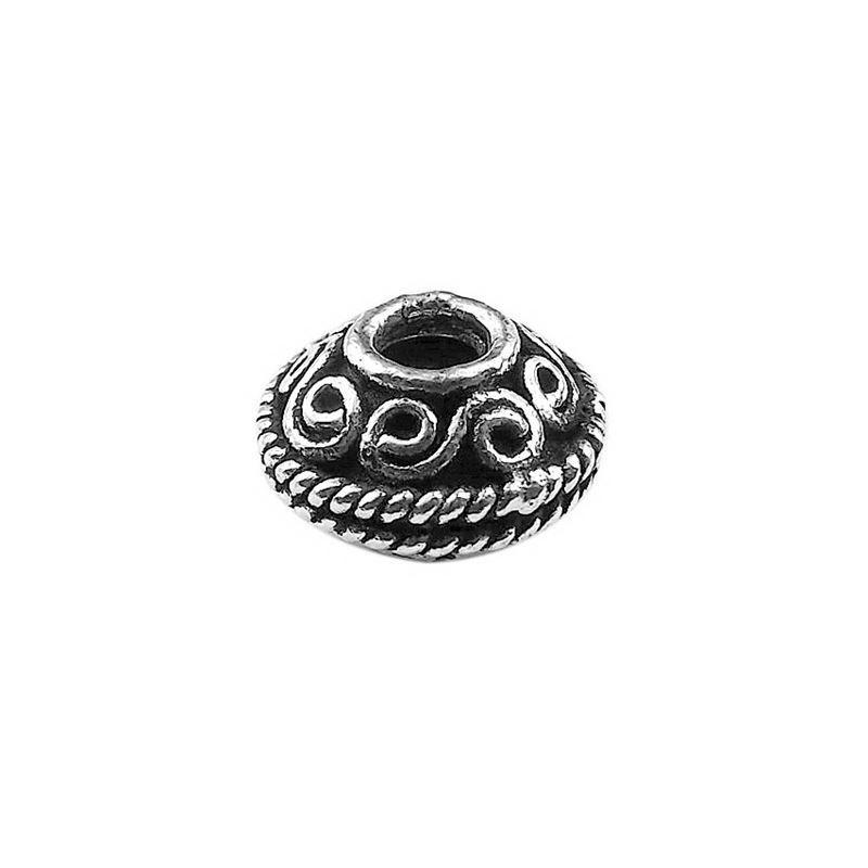 Handcrafted scroll dome spacer bead made with Silver Overlay Over Copper, raised swirl detailing and rope border, artisan jewelry component from India.