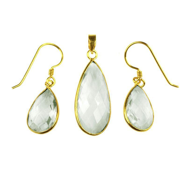 STG-100-CQT 18K Gold Overlay Earring & Pendant Set With Crystal Quartz Beads Bali Designs Inc 