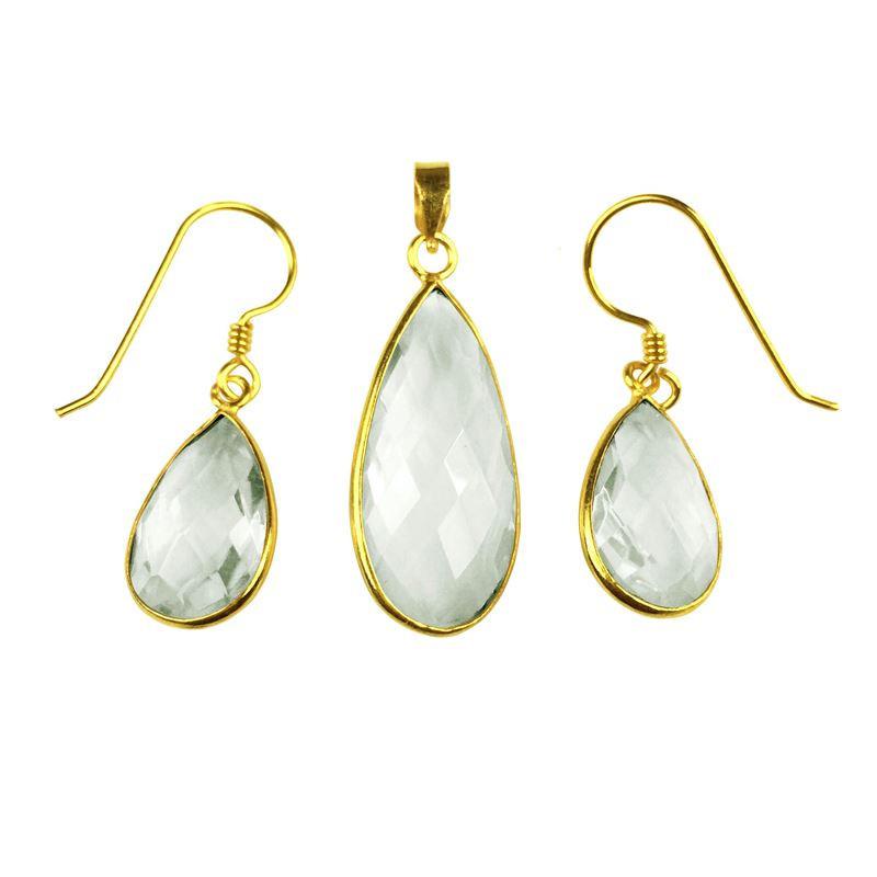 Wholesale 18K Gold Overlay Over Copper Teardrop Crystal Quartz Earring And Pendant Set