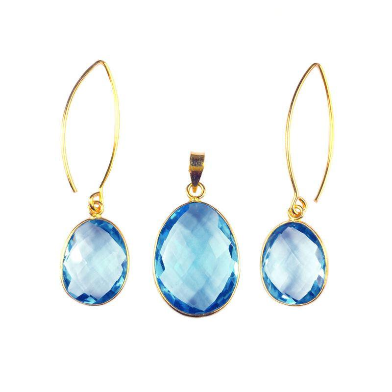 STG-101-BT 18K Gold Overlay Earring & Pendant Set With Blue Topaz Q. Beads Bali Designs Inc 