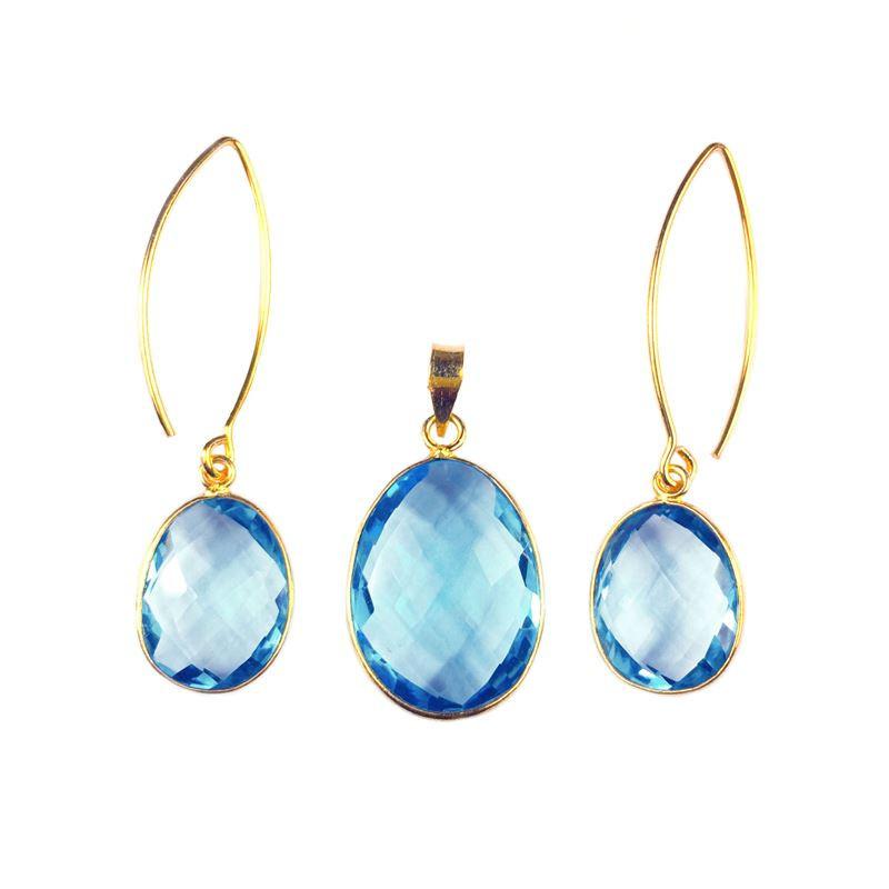 Wholesale 18K Gold Overlay Over Copper Oval Blue Topaz Quartz Pendant And Earring Set