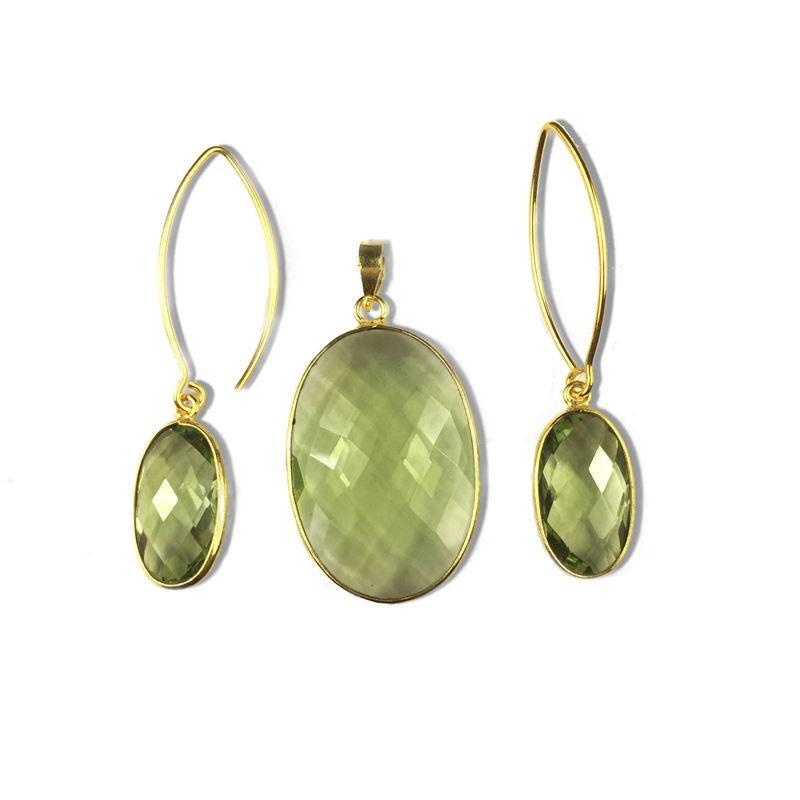 Wholesale 18K Gold Overlay Over Copper Oval Green Amethyst Quartz Pendant And Earring Set