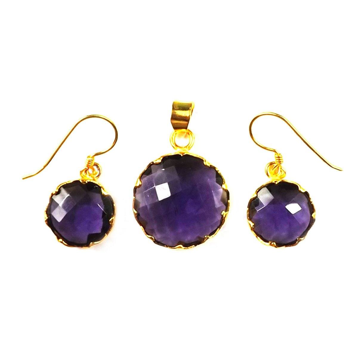Wholesale 18K Gold Overlay Over Copper Round Amethyst Quartz Pendant And Earring Set