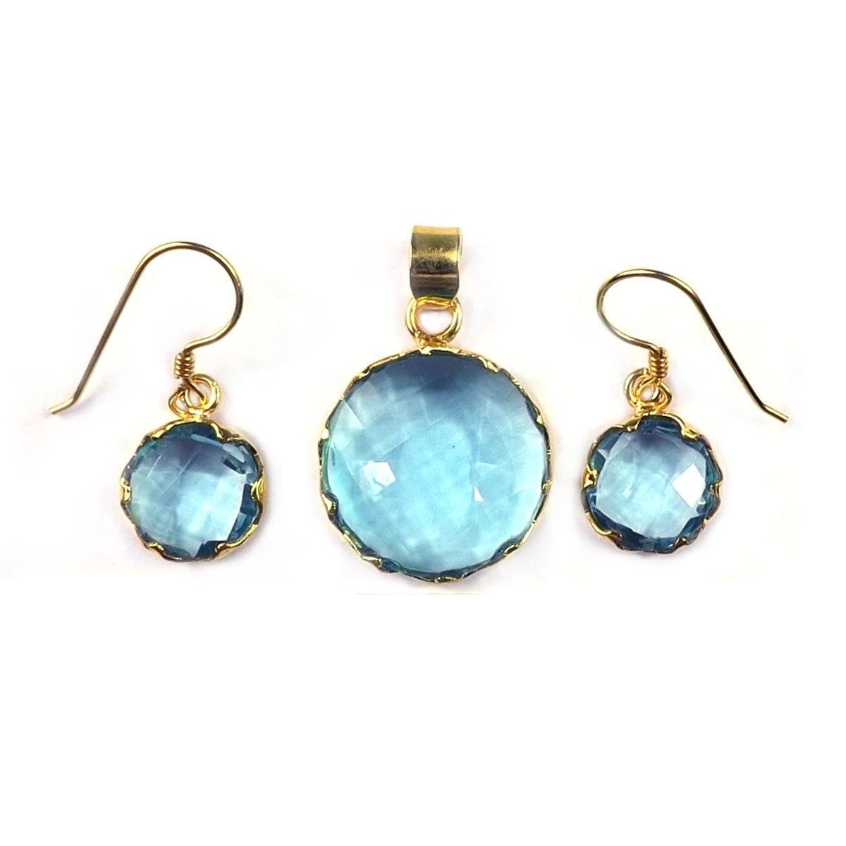 Wholesale 18K Gold Overlay Over Copper Blue Topaz Quartz Round Pendant And Earring Set