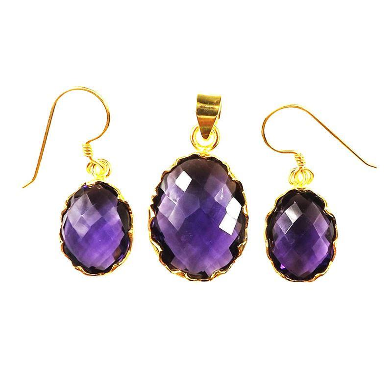 18K Gold Overlay Amethyst Quartz Oval Cluster Pendant And Earrings Set