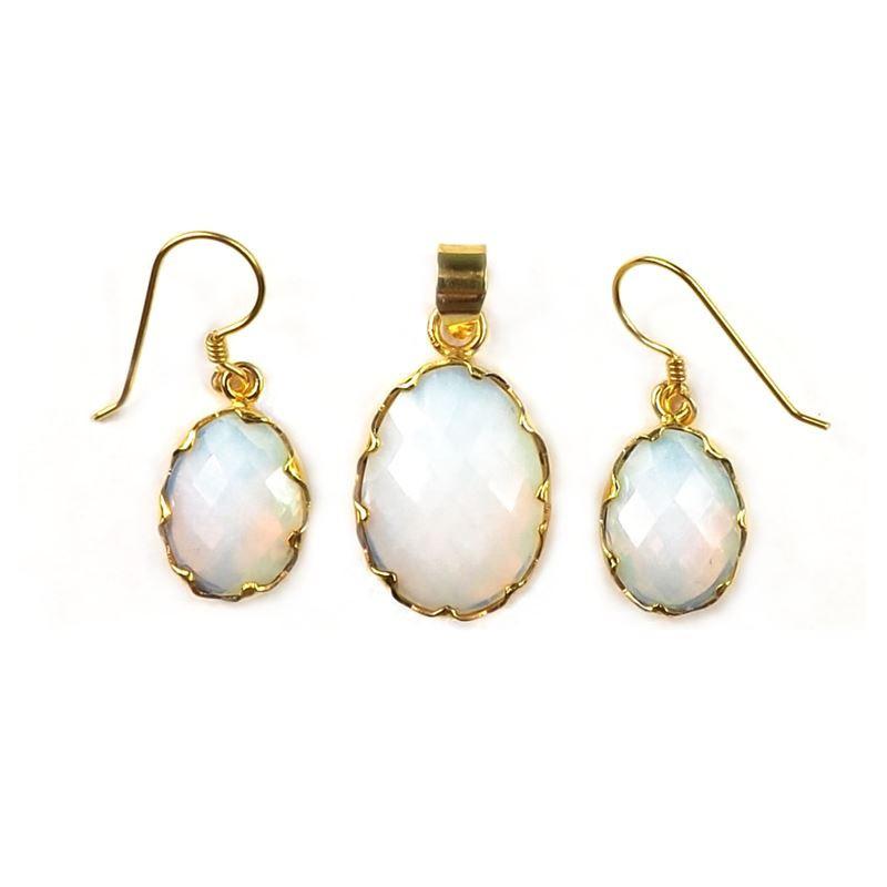 18K Gold Overlay Crystal Quartz Oval Earring And Pendant Set