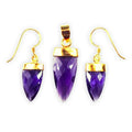 Wholesale spear-cut Amethyst Quartz pendant and earrings set with 18K gold overlay over copper and gold caps.