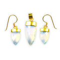 Wholesale Crystal Quartz spear-cut pendant and earrings set with 18K gold overlay over copper and polished gold caps.