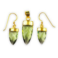 Wholesale Green Amethyst Quartz spear-cut pendant and earrings set with 18K gold overlay over copper and polished caps.
