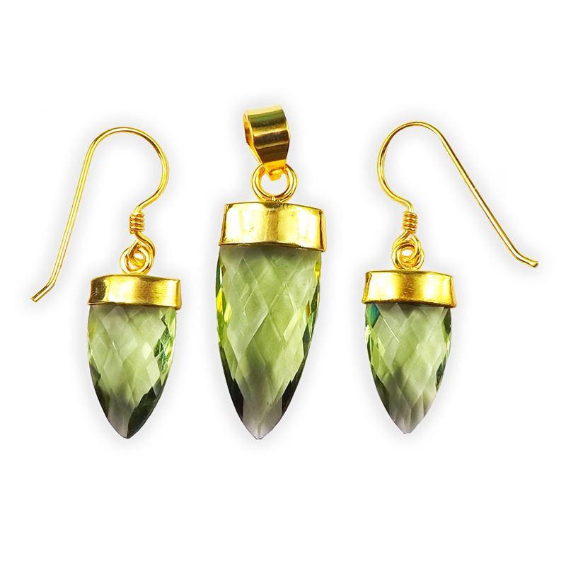 Wholesale Green Amethyst Quartz spear-cut pendant and earrings set with 18K gold overlay over copper and polished caps.