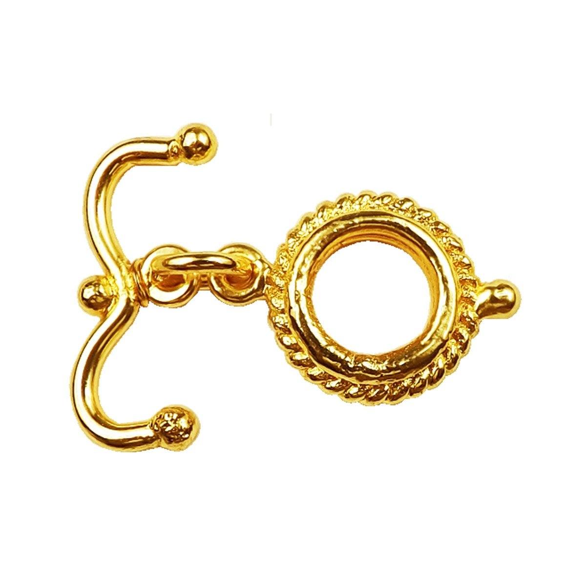 18K gold overlay toggle clasp with rope-edged round ring and curved bar, handcrafted jewelry finding from India