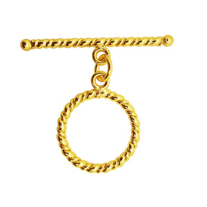 18K gold overlay toggle clasp with twisted rope ring and matching bar, handcrafted jewelry finding from India