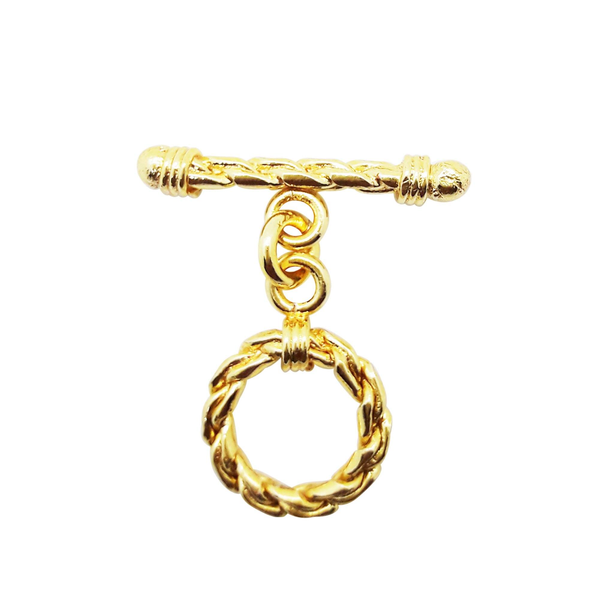 18K gold overlay toggle clasp with braided rope ring and twisted bar, handcrafted jewelry finding from India