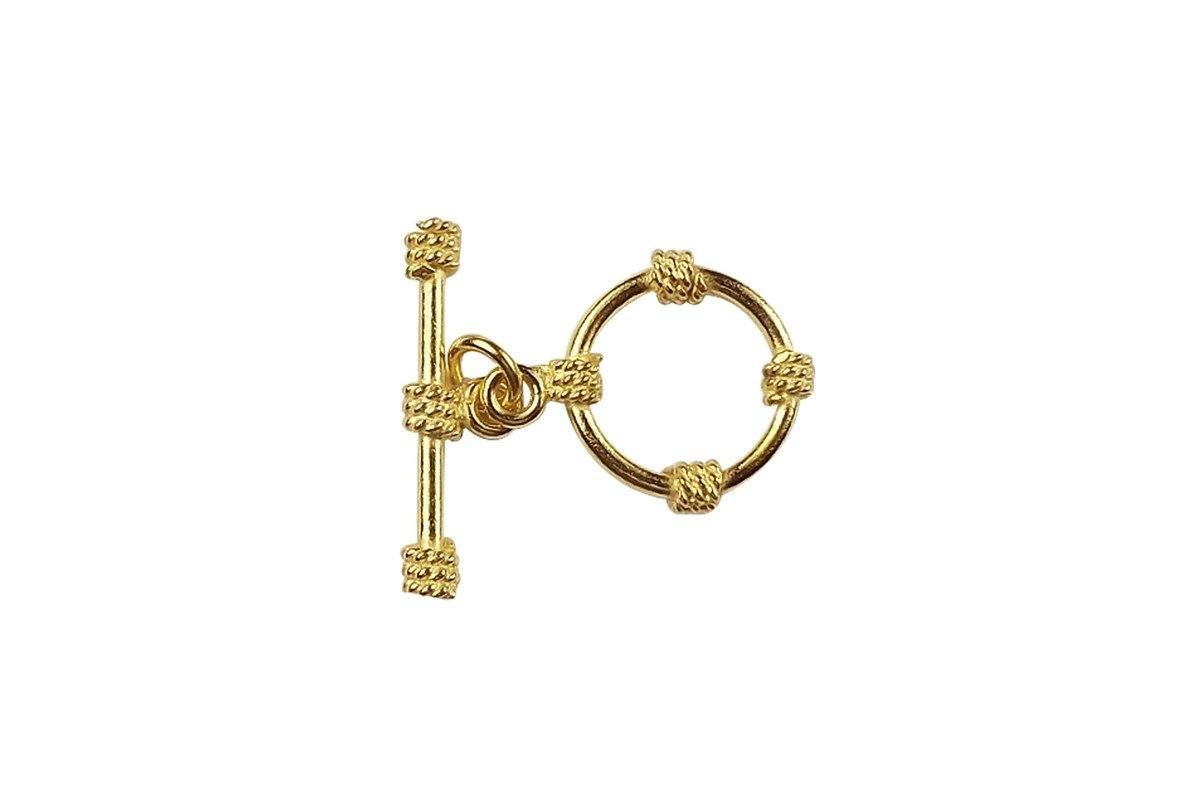 18K gold overlay toggle clasp with circular ring and rope wrap accents, handcrafted jewelry finding from India