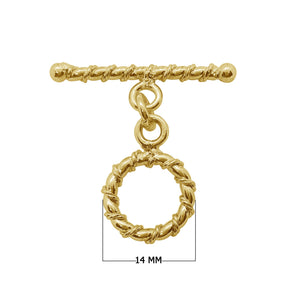 18K gold overlay toggle clasp with twisted rope circular ring and matching bar, handcrafted jewelry finding from India