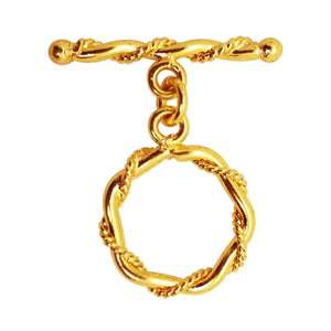 18K gold overlay toggle clasp with hexagonal twisted rope ring and matching bar, handcrafted jewelry finding from India