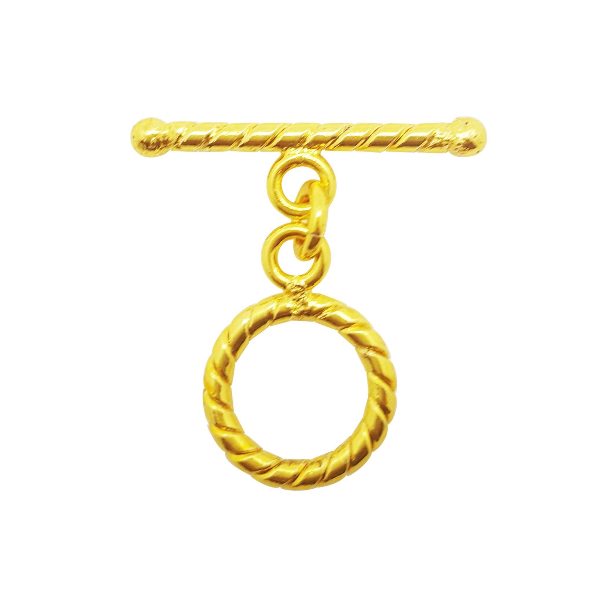 18K gold overlay toggle clasp with rope-textured circular ring and twisted bar, handcrafted jewelry finding from India