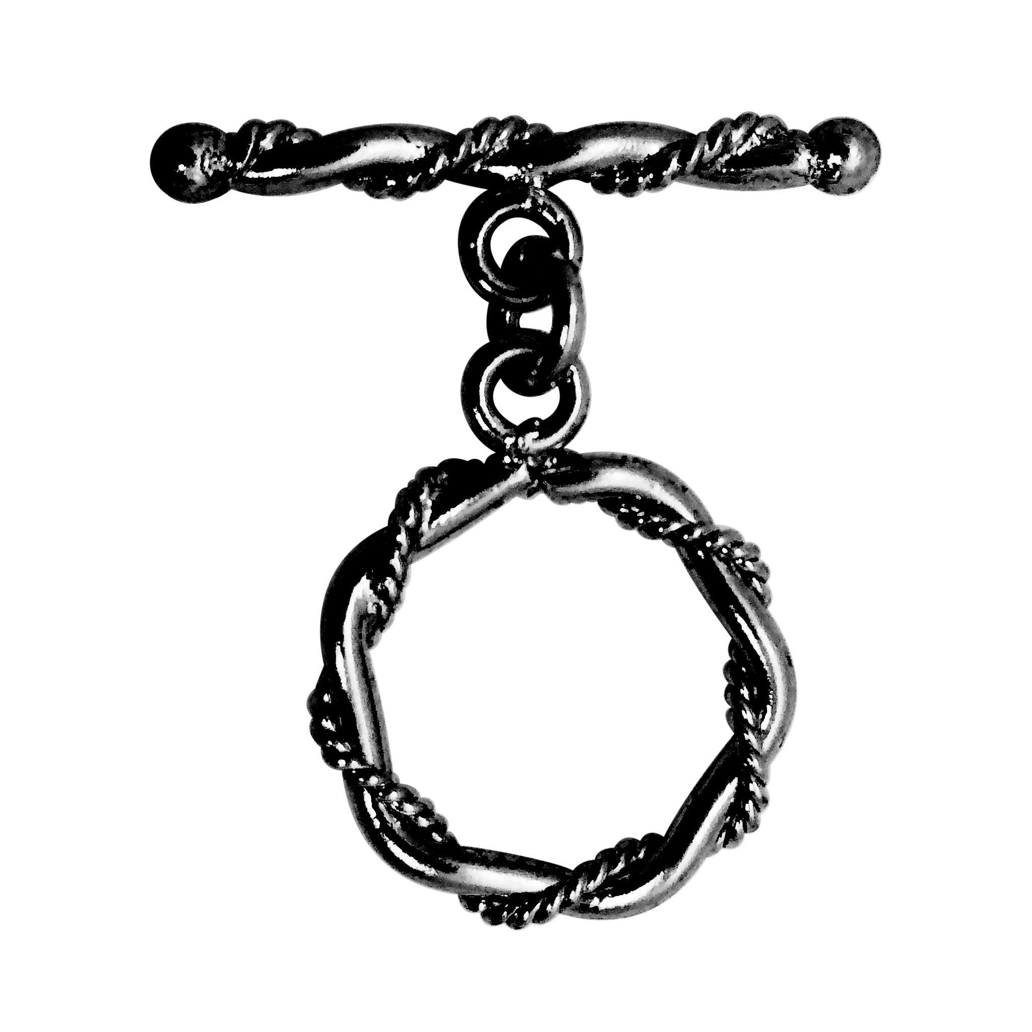Black Rhodium Overlay interwoven circular toggle clasp with twisted bar, handcrafted in India for wholesale jewelry findings.