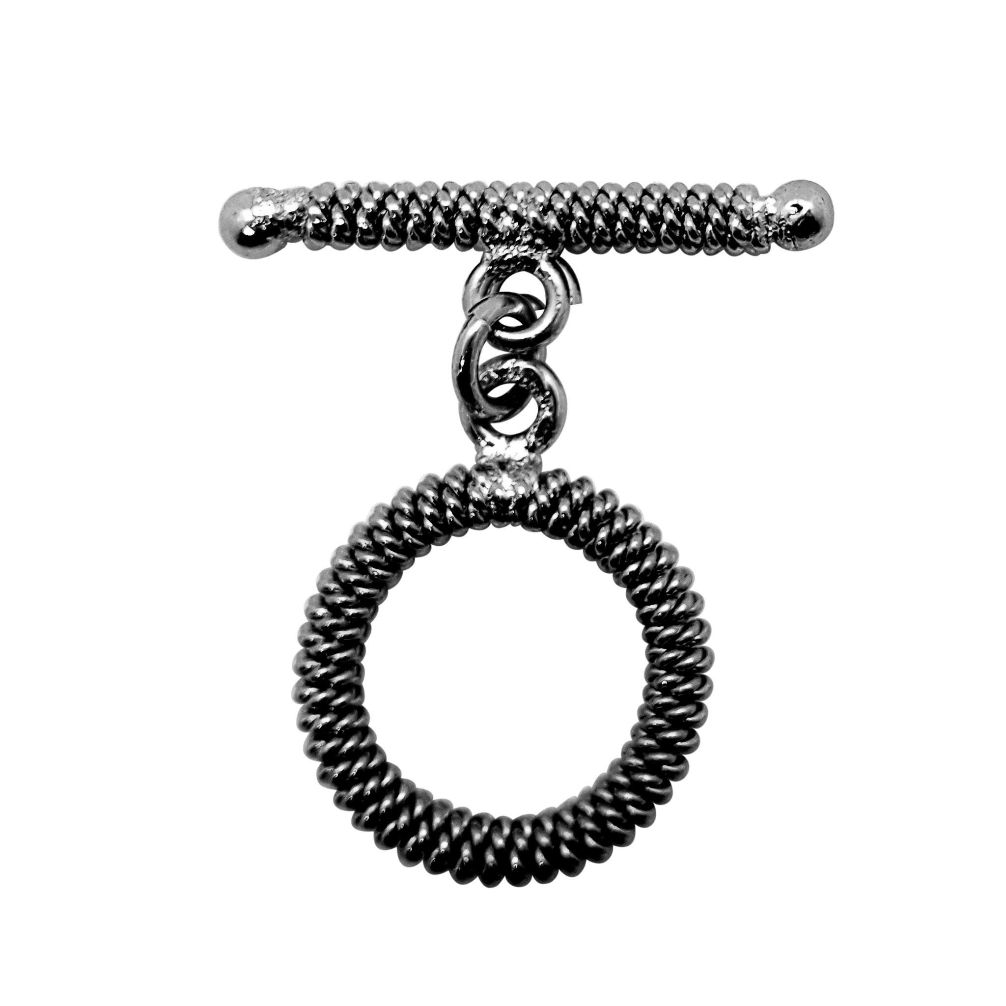 Black Rhodium Overlay coil pattern circular toggle clasp with textured bar, handcrafted in India for wholesale jewelry findings.