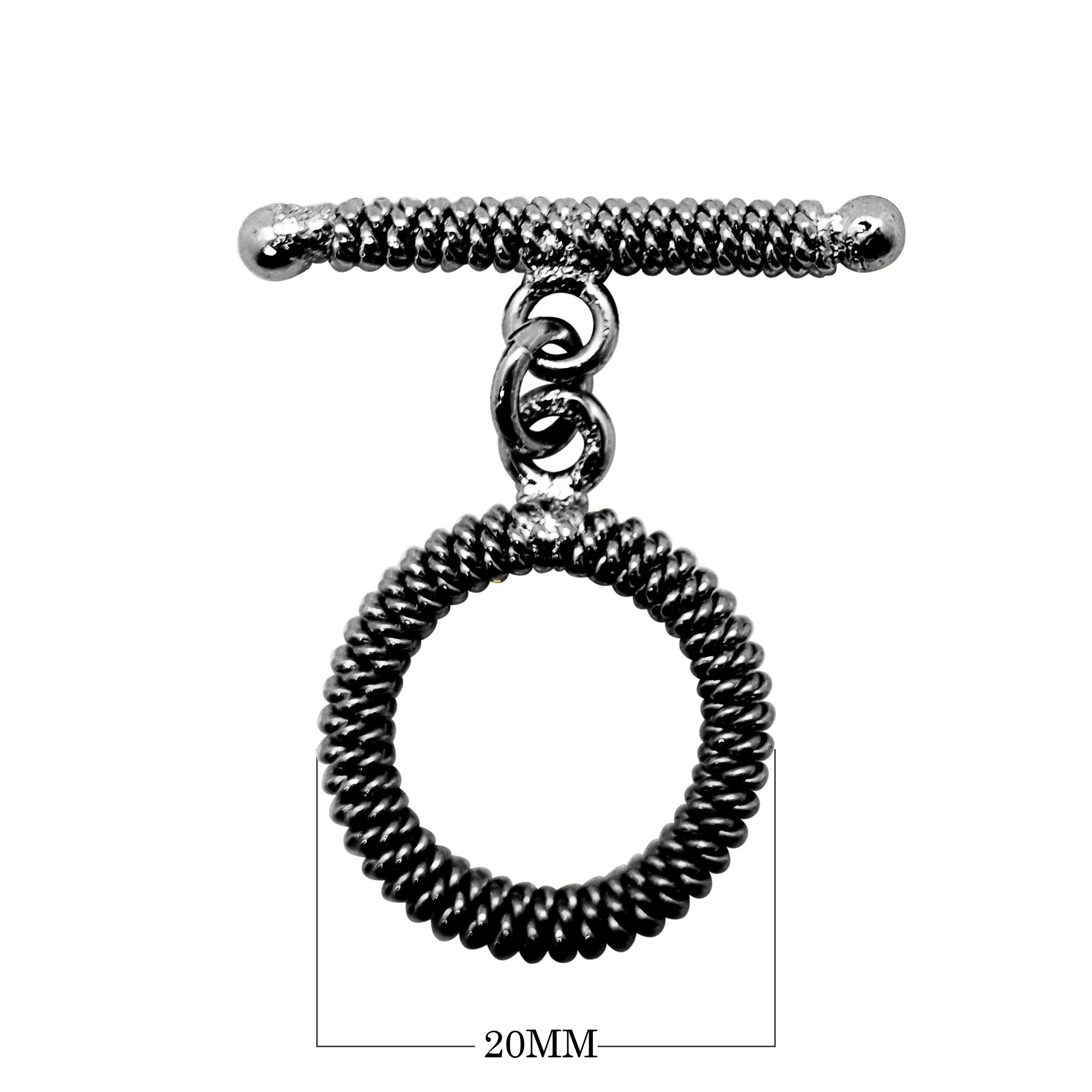 Black Rhodium Overlay coil pattern circular toggle clasp with textured bar, handcrafted in India for wholesale jewelry findings.