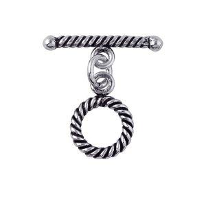 Silver Overlay rope design toggle clasp with twisted circular loop and matching bar, oxidized finish, wholesale jewelry making component.