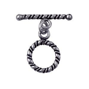 Silver Overlay toggle clasp with twisted rope design on bar and circular loop, oxidized finish, wholesale jewelry making component from Bali.