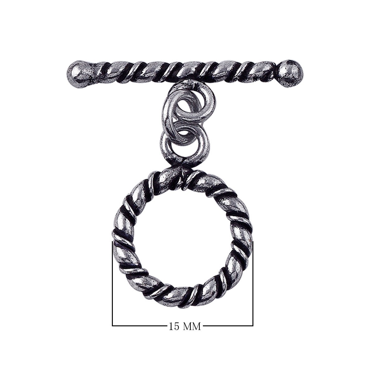 Silver Overlay toggle clasp with twisted rope design on bar and circular loop, oxidized finish, wholesale jewelry making component from Bali.