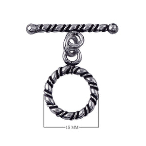 Silver Overlay toggle clasp with twisted rope design on bar and circular loop, oxidized finish, wholesale jewelry making component from Bali.
