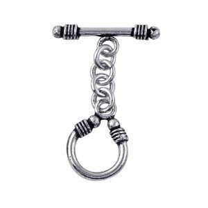 Silver Overlay toggle clasp with straight bar, chain link connector, and U-shaped ring, oxidized finish, wholesale jewelry making component from Bali.