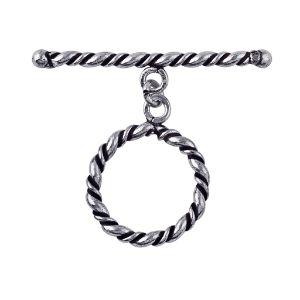 Silver Overlay toggle clasp with twisted bar and rope-style circular loop, oxidized finish, wholesale jewelry making component from Bali.