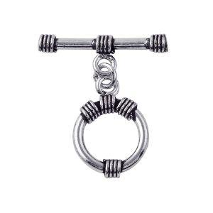 Silver Overlay multi-band toggle clasp with circular wrapped ring and bar, wholesale Bali jewelry finding for bracelets and necklaces.