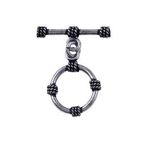 Silver Overlay rope-wrapped circle toggle clasp with matching bar, wholesale Bali jewelry finding for bracelets and necklaces.