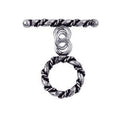 Silver Overlay rustic rope toggle clasp with circular twisted ring and bar, wholesale Bali jewelry finding for bracelets and necklaces.